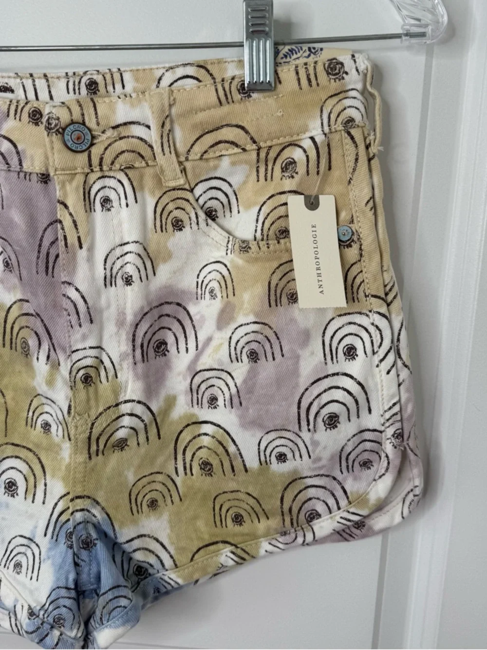 Anthropologie Hannah leathers Multicolor Rainbow-Print denim Shorts nwt 27 - Picture 3 of 10